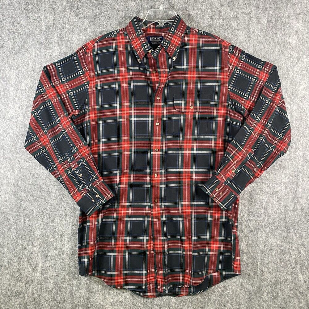 Lands End Landsweave Mens Large Long Plaid Wool Cotton Blend Button Down Shirt